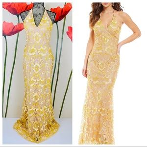 GB Gold / Nude Halter Neck Lace Gown Formal Dress